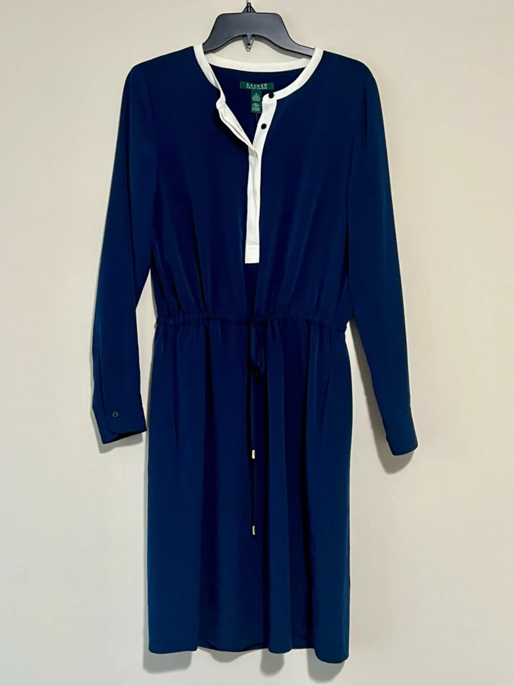 Ralph Lauren Navy Long-Sleeve Shirt Dress with Drawstring Waist and White Trim - Picture 1 of 9